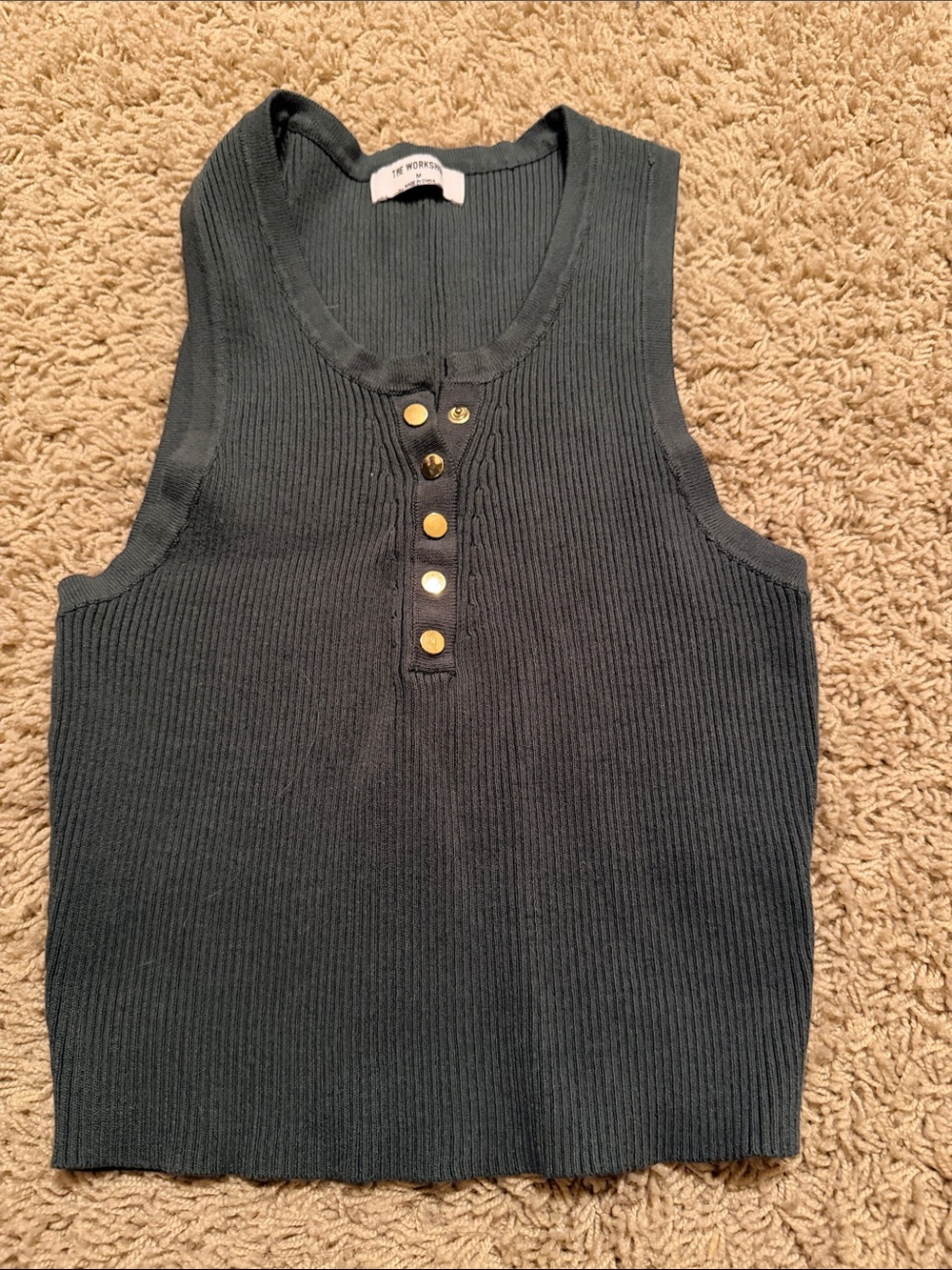 & Other Stories Dark Green Ribbed Tank with Gold Buttons